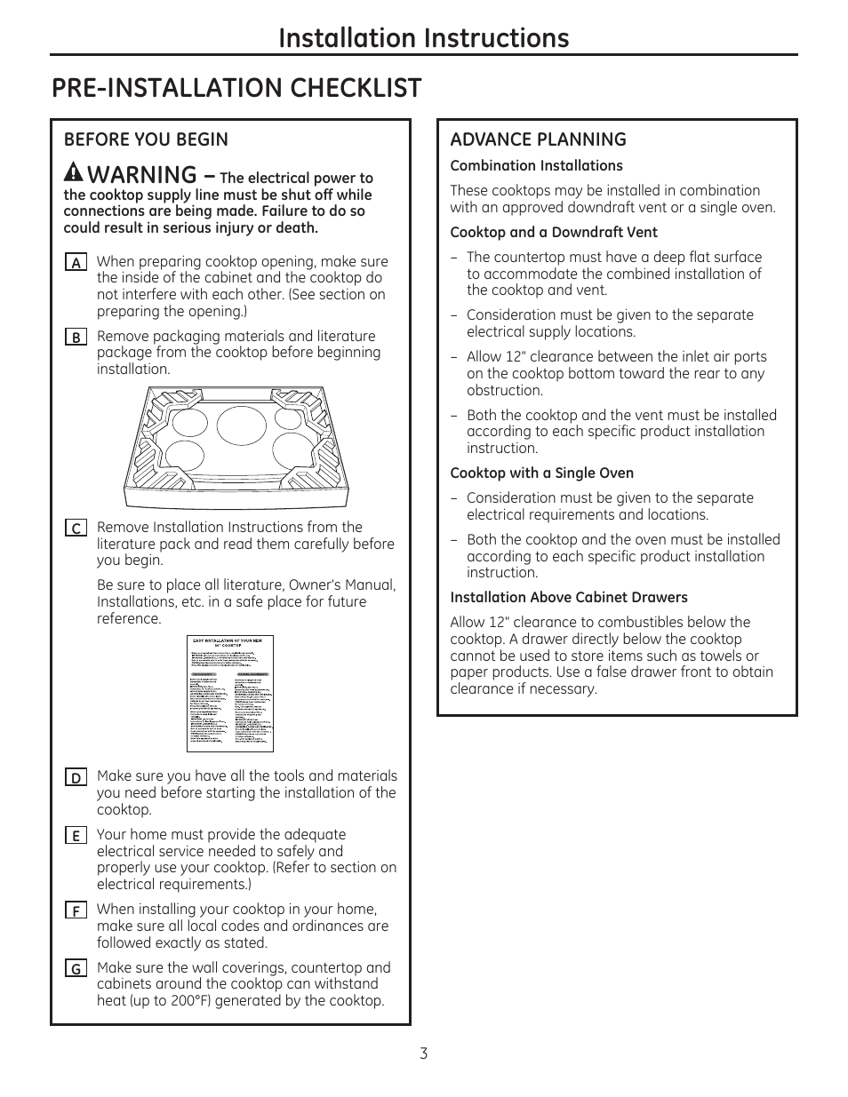 Pre-installation checklist, Before you begin, Advance planning | Combination installations, Cooktop and a downdraft vent, Cooktop with a single oven, Installation above cabinet drawers, Installation instructions | GE PHP960DMBB User Manual | Page 3 / 32