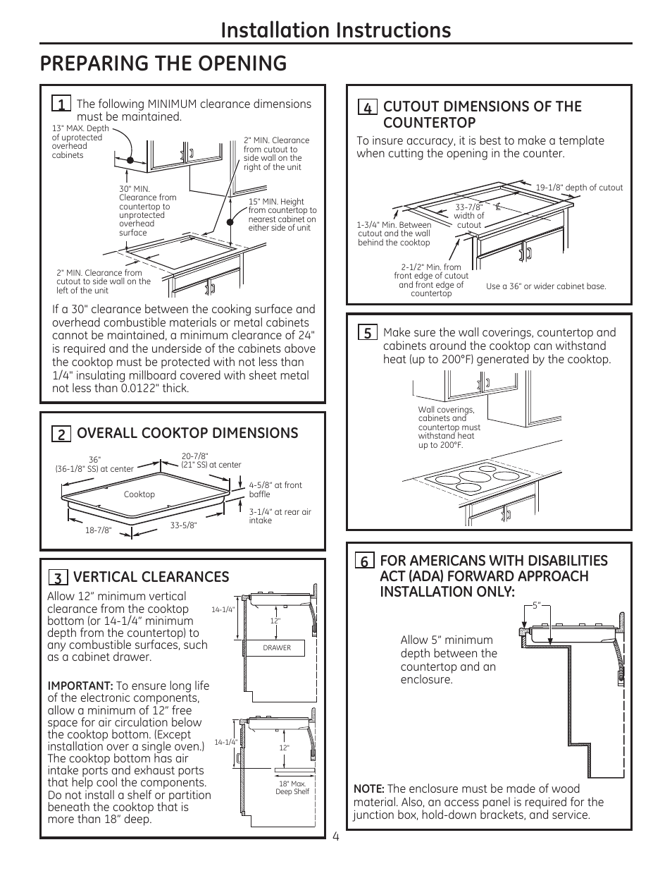 Preparing the opening, H overall cooktop dimensions, H vertical clearances | H cutout dimensions of the countertop, Important, Installation instructions | GE PHP960DMBB User Manual | Page 4 / 32