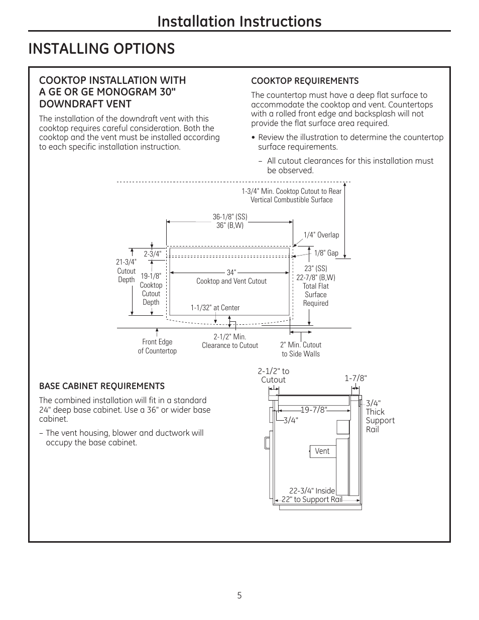 Installing options, Cooktop requirements, Base cabinet requirements | Installation instructions | GE PHP960DMBB User Manual | Page 5 / 32