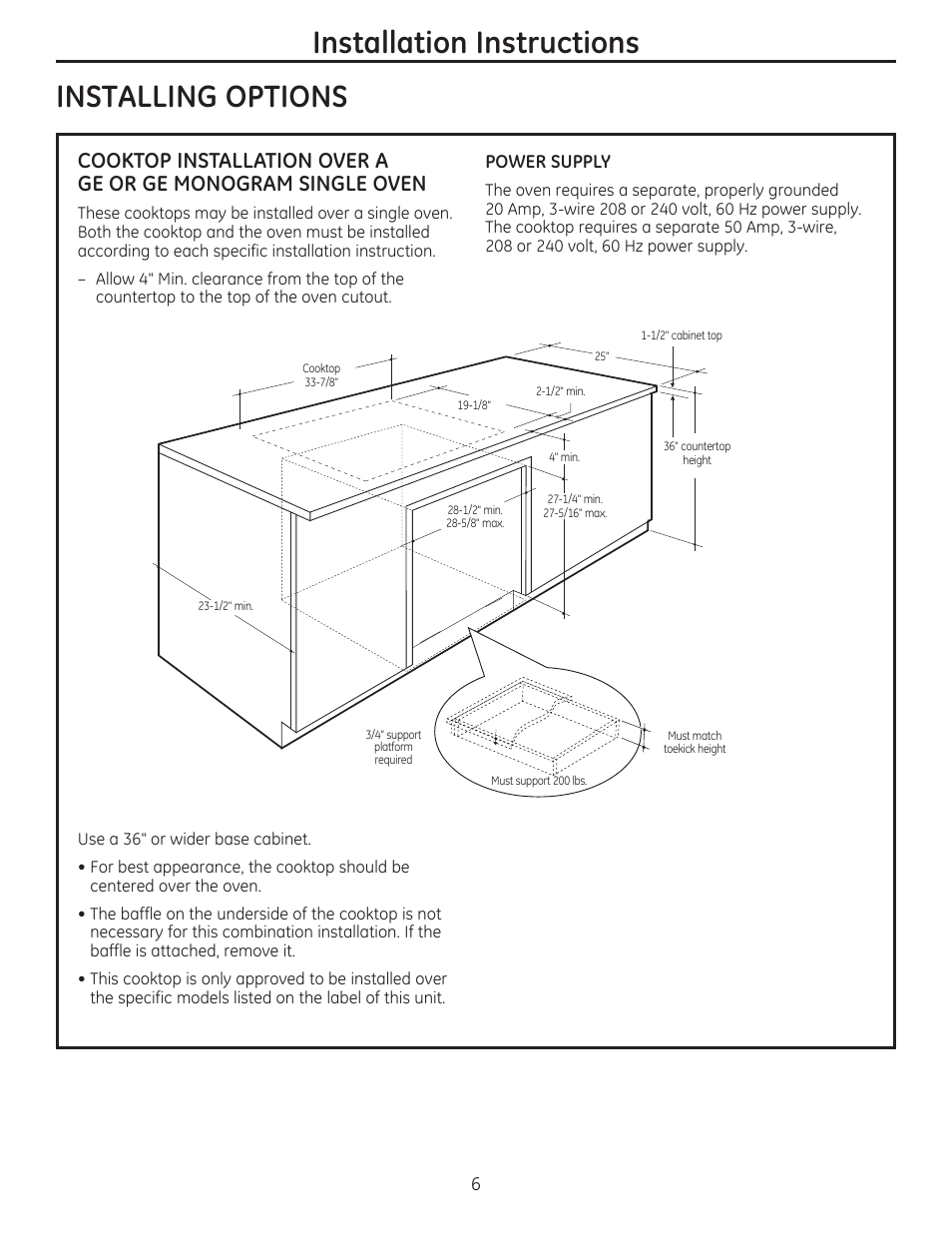 Installing options, Power supply, Installation instructions | GE PHP960DMBB User Manual | Page 6 / 32