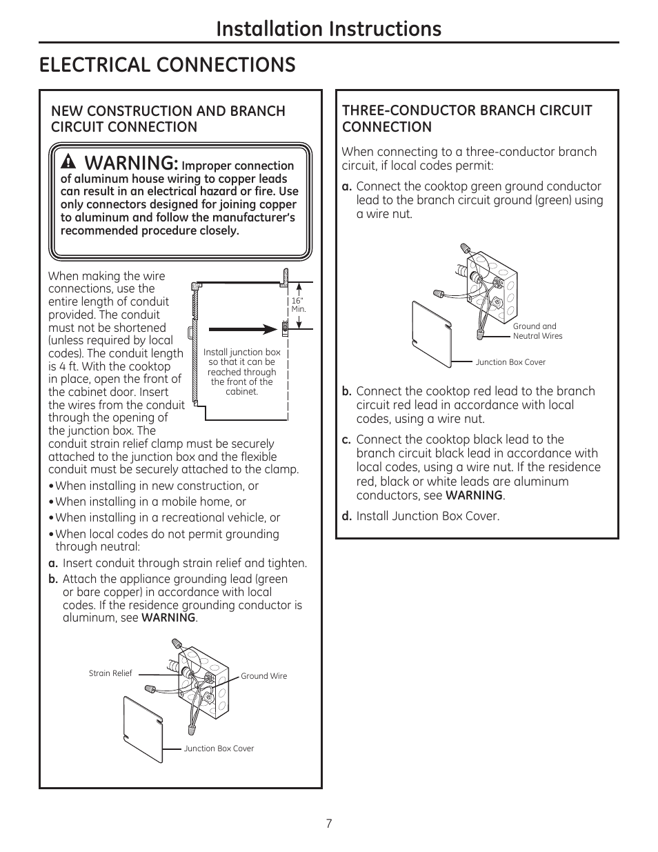 Electrical connections, New construction and branch circuit connection, Three-conductor branch circuit connection | Warning, Warning. d, Installation instructions, A warning | GE PHP960DMBB User Manual | Page 7 / 32