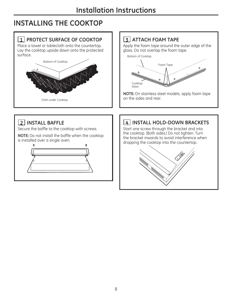 H install baffle, H install hold-down brackets, Installation instructions | Installing the cooktop [h | GE PHP960DMBB User Manual | Page 8 / 32
