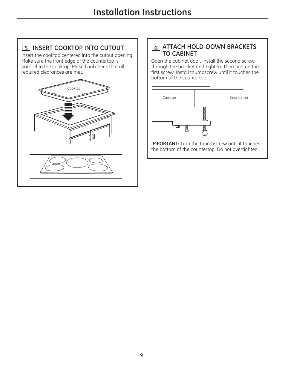 H insert cooktop into cutout, Attach hold-down brackets to cabinet, Important | Installation instructions | GE PHP960DMBB User Manual | Page 9 / 32