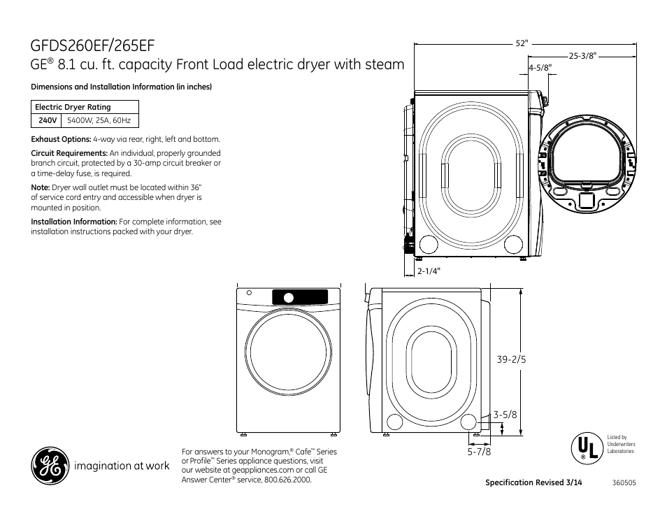 GE GFDS265EFMC User Manual | 4 pages