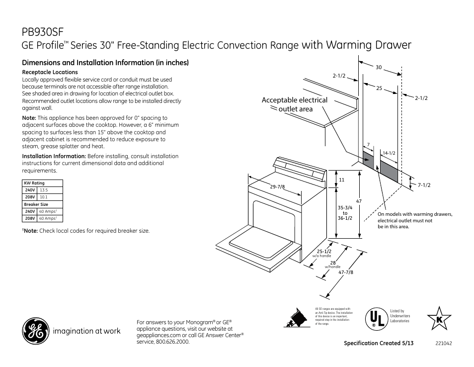 GE PB930SFSS User Manual | 2 pages