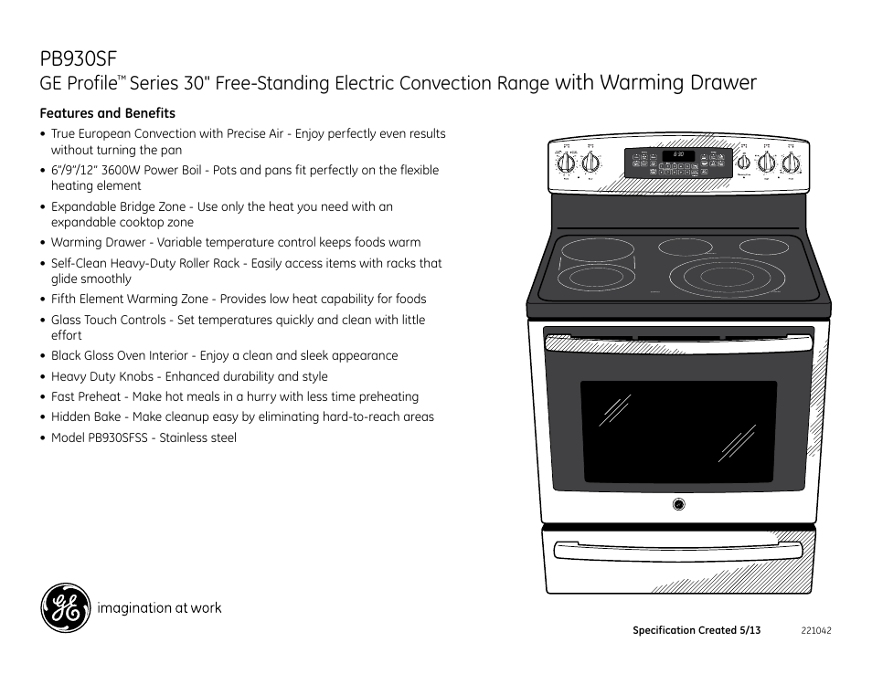 Pb930sf, With warming drawer, Ge profile | Series 30" free-standing electric convection range | GE PB930SFSS User Manual | Page 2 / 2