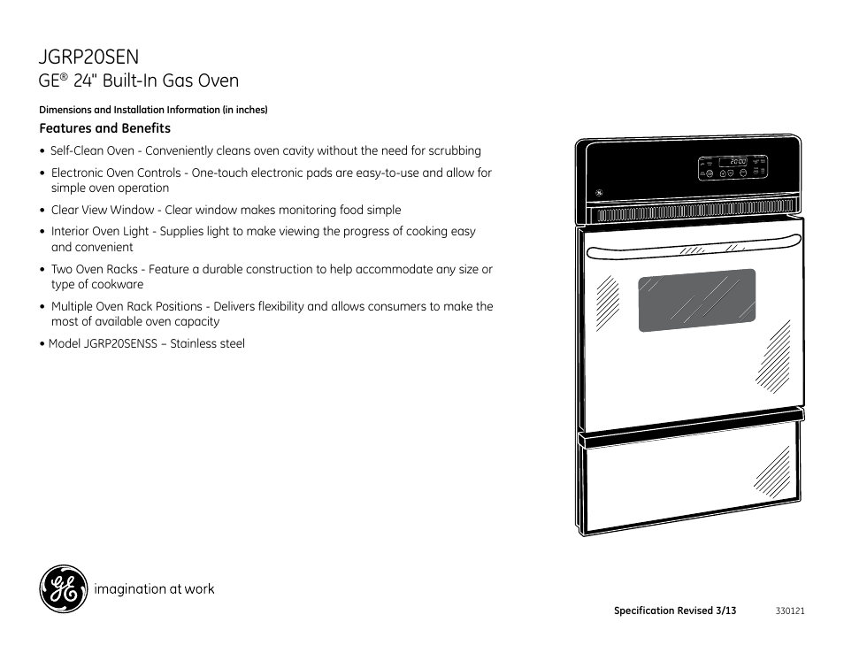 Jgrp20sen, 24" built-in gas oven, Jgrp20senss | Features and benefits, Hi/lo, Hold 3 sec. to set clock on/off | GE JGRP20SENSS User Manual | Page 2 / 2