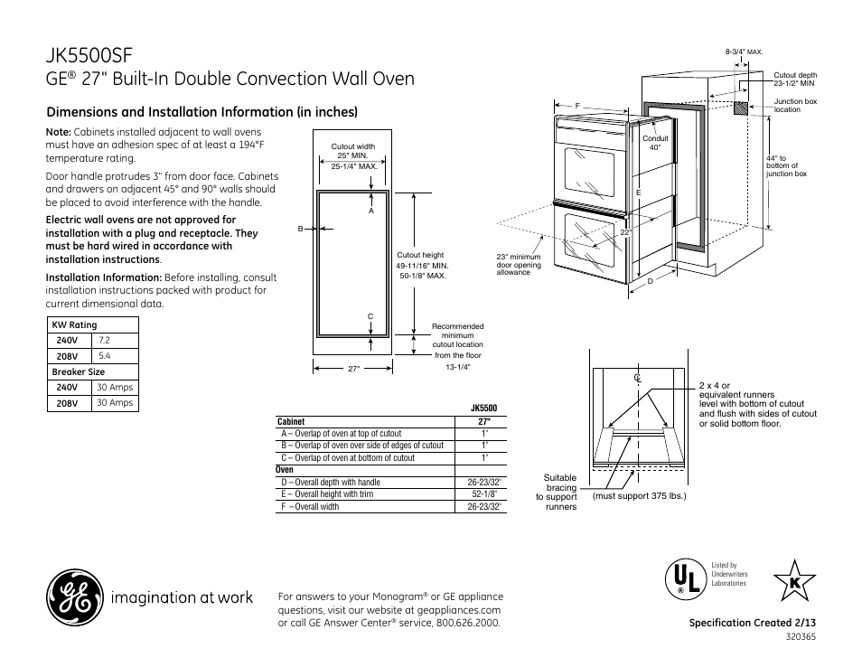 GE JK5500SFSS User Manual | 2 pages