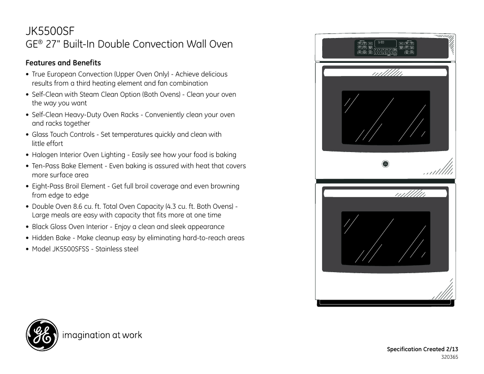 Jk5500sf, 27" built-in double convection wall oven, Jk5500sfss | GE JK5500SFSS User Manual | Page 2 / 2