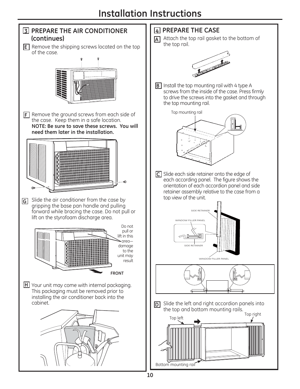 Installation instructions, Prepare the air conditioner (continues), Prepare the case | GE AEM24DS User Manual | Page 10 / 52