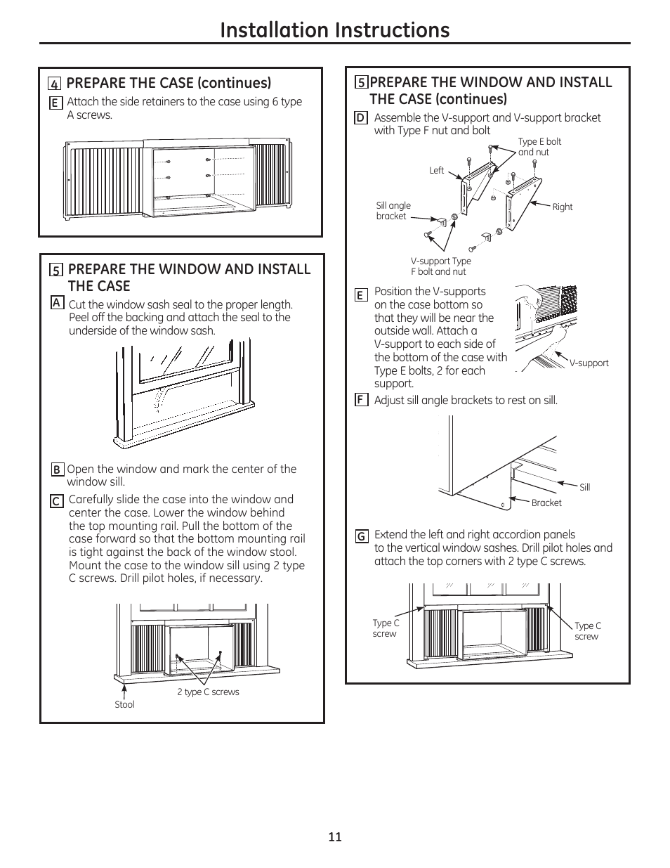 Installation instructions, Prepare the window and install the case, Prepare the case (continues) | GE AEM24DS User Manual | Page 11 / 52