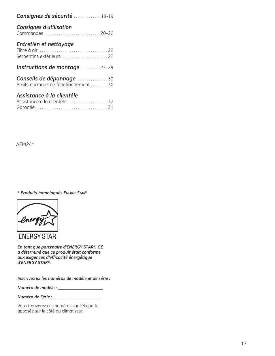 Consignes de sécurité, Consignes d’utilisation, Entretien et nettoyage | Instructions de montage, Conseils de dépannage, Assistance à la clientèle | GE AEM24DS User Manual | Page 17 / 52