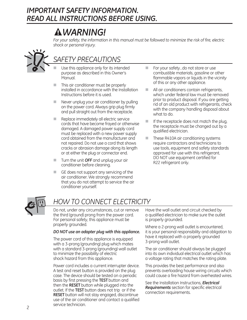 Warning, Safety precautions, How to connect electricity | GE AEM24DS User Manual | Page 2 / 52