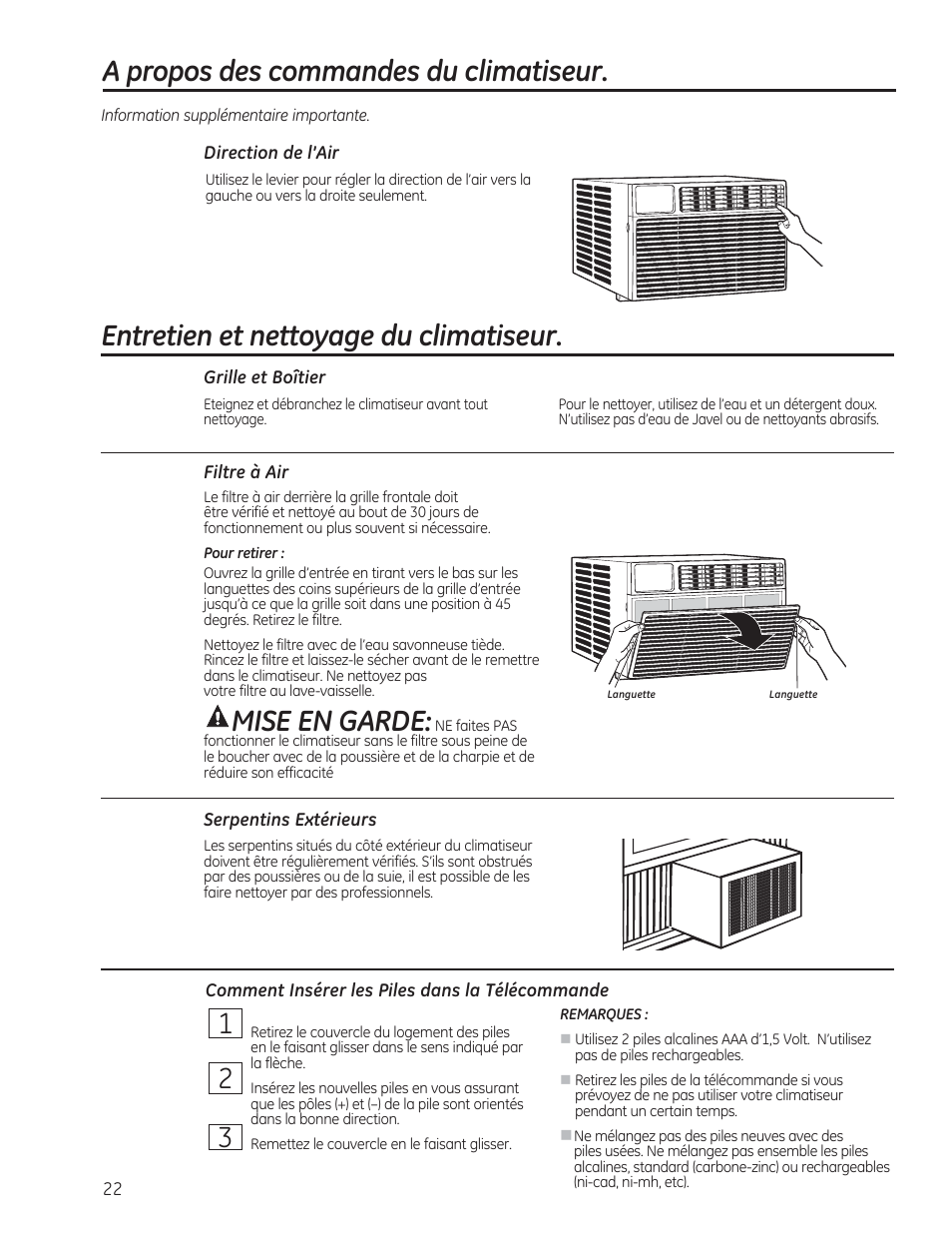 Mise en garde, A propos des commandes du climatiseur, Entretien et nettoyage du climatiseur | GE AEM24DS User Manual | Page 22 / 52