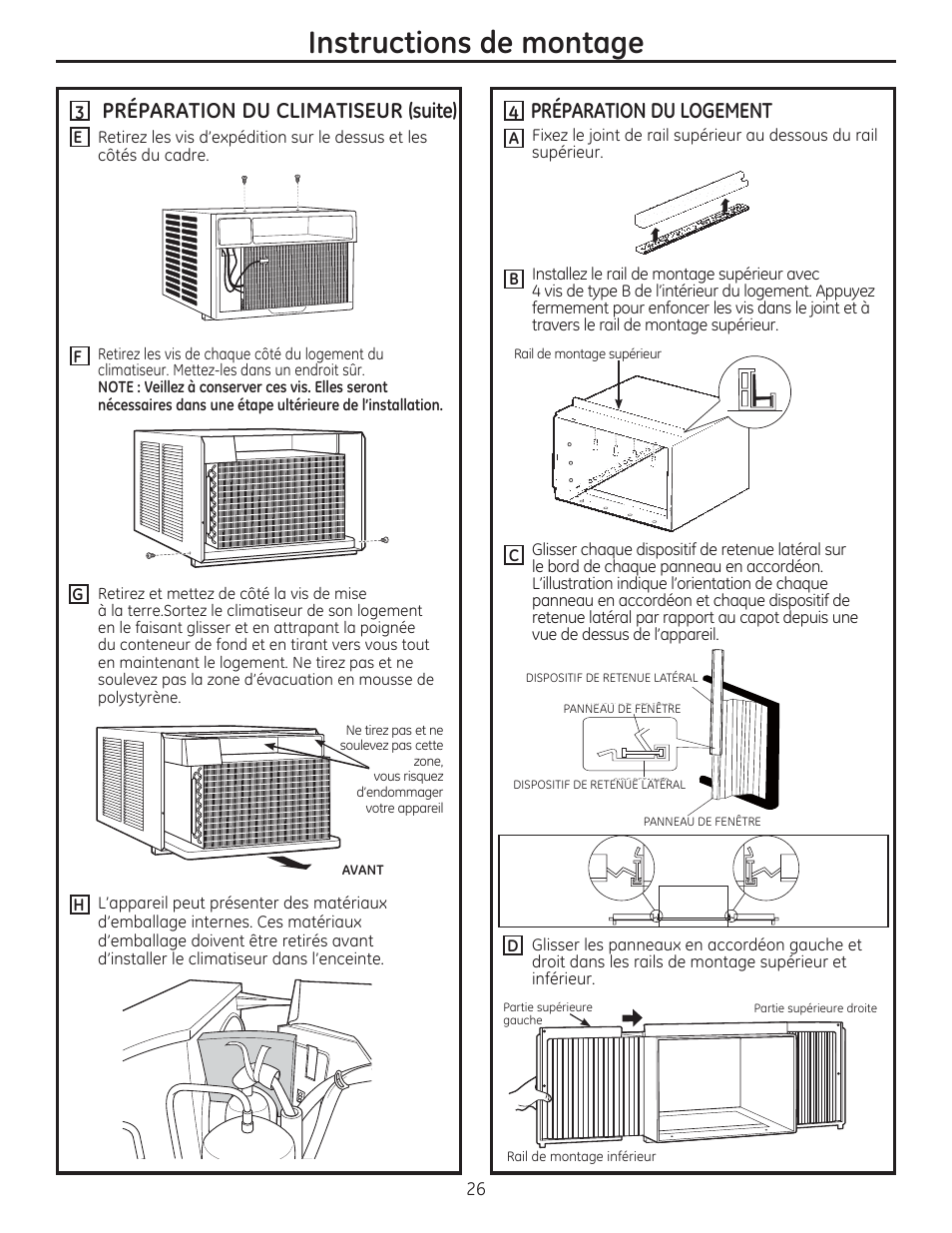 Instructions de montage, Préparation du climatiseur (suite), Préparation du logement | GE AEM24DS User Manual | Page 26 / 52