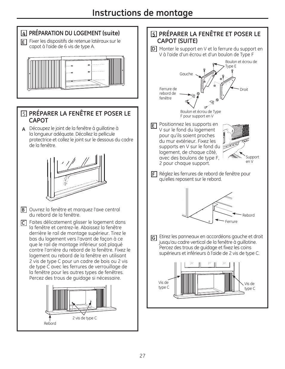 Instructions de montage, Préparer la fenêtre et poser le capot, Préparation du logement (suite) | Préparer la fenêtre et poser le capot (suite) | GE AEM24DS User Manual | Page 27 / 52