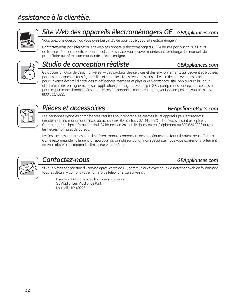 Studio de conception réaliste, Pièces et accessoires, Contactez-nous | GE AEM24DS User Manual | Page 32 / 52