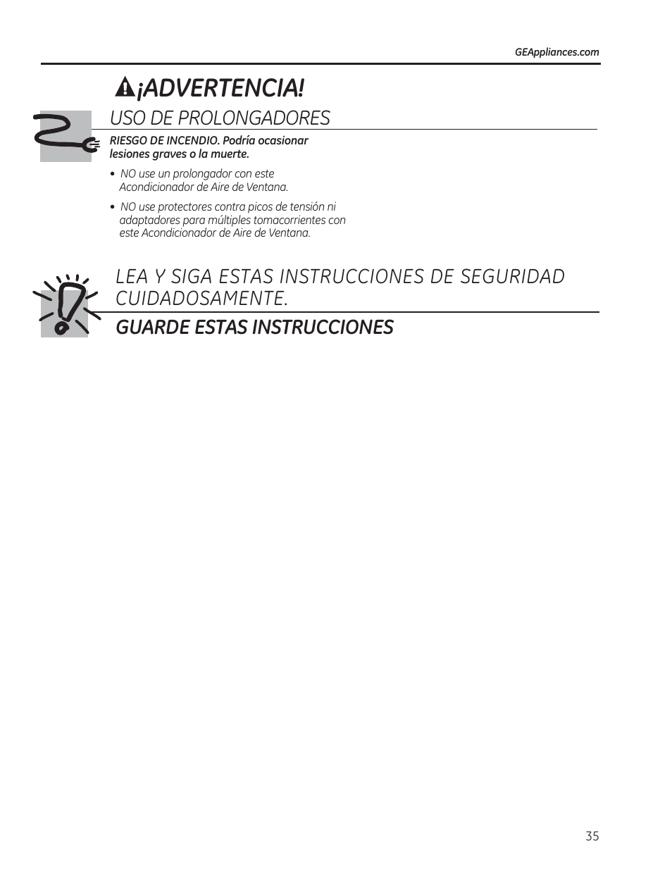 Advertencia | GE AEM24DS User Manual | Page 35 / 52