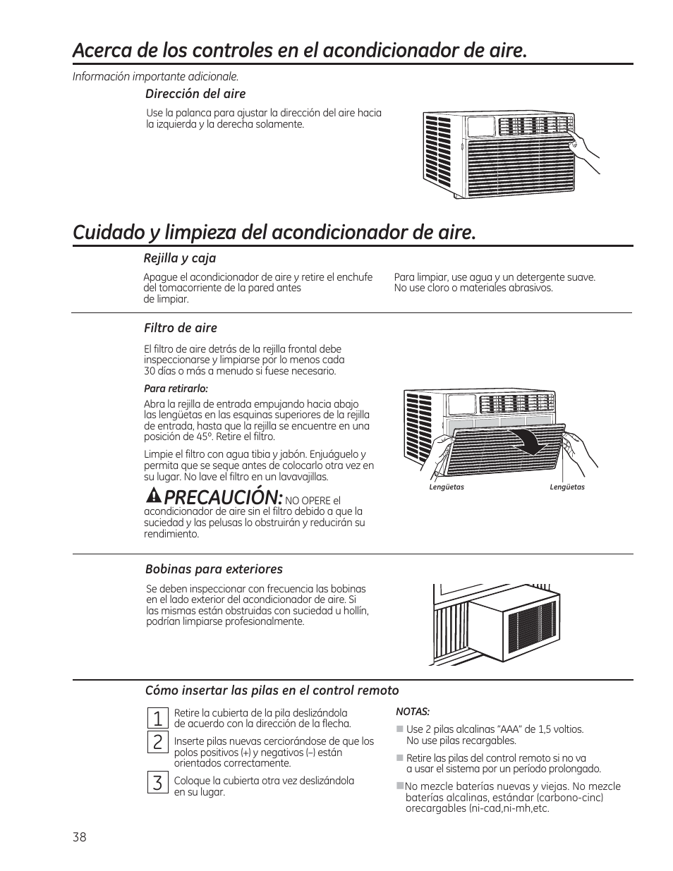 Cuidado y limpieza del acondicionador de aire, Precaución | GE AEM24DS User Manual | Page 38 / 52