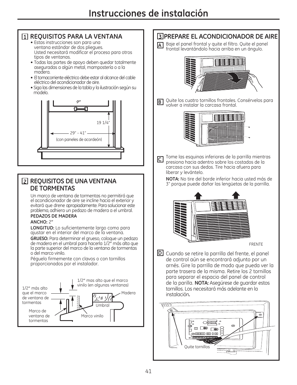 Instrucciones de instalación, Requisitos para la ventana, Requisitos de una ventana de tormentas | Prepare el acondicionador de aire | GE AEM24DS User Manual | Page 41 / 52