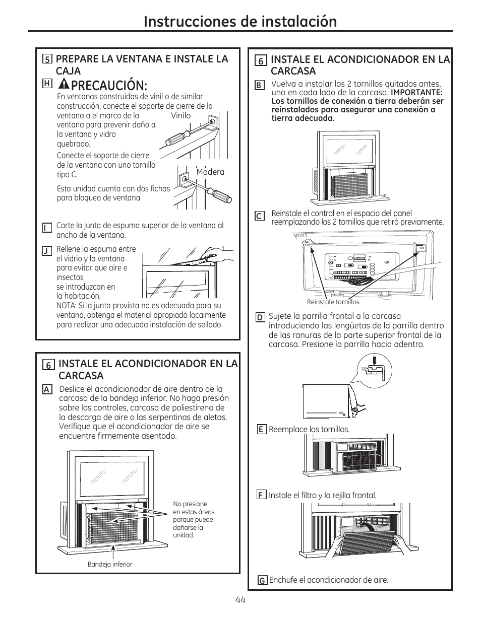 Instrucciones de instalación, Precaución, Prepare la ventana e instale la caja | Instale el acondicionador en la carcasa | GE AEM24DS User Manual | Page 44 / 52