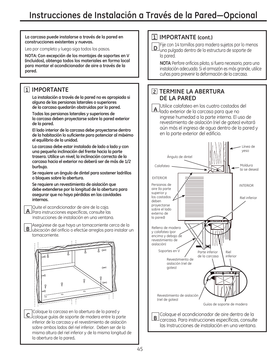 Importante, Termine la abertura de la pared | GE AEM24DS User Manual | Page 45 / 52