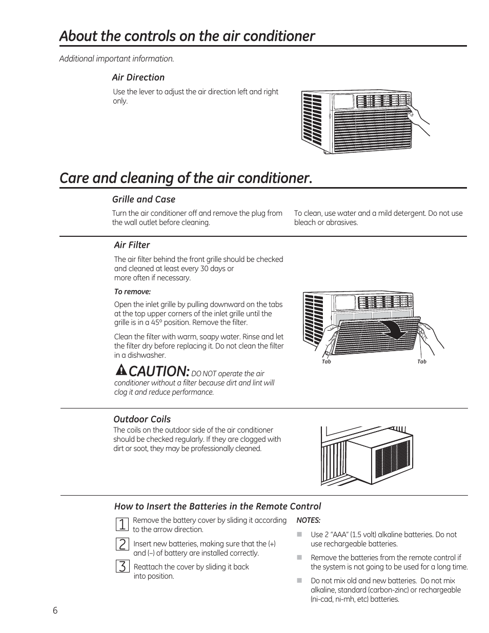 About the controls on the air conditioner, Care and cleaning of the air conditioner, Caution | GE AEM24DS User Manual | Page 6 / 52