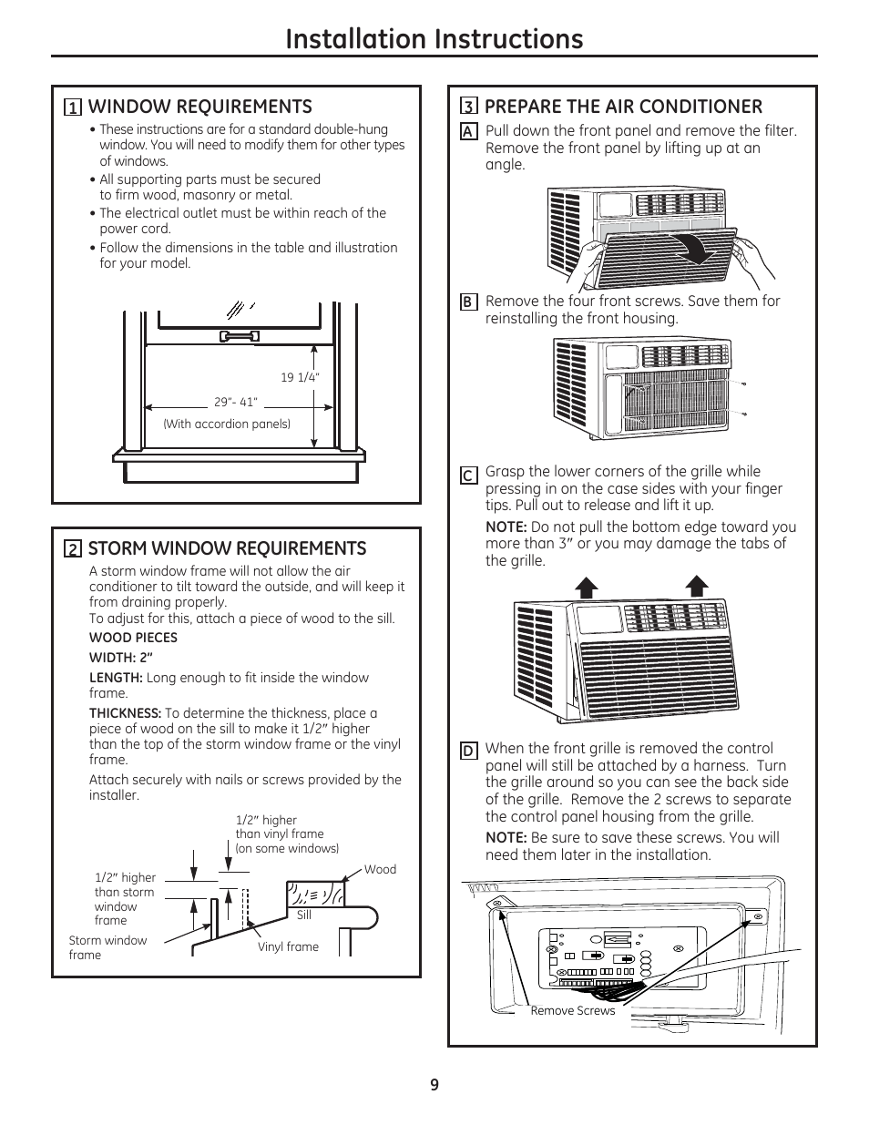 Installation instructions, Storm window requirements, Window requirements | Prepare the air conditioner | GE AEM24DS User Manual | Page 9 / 52