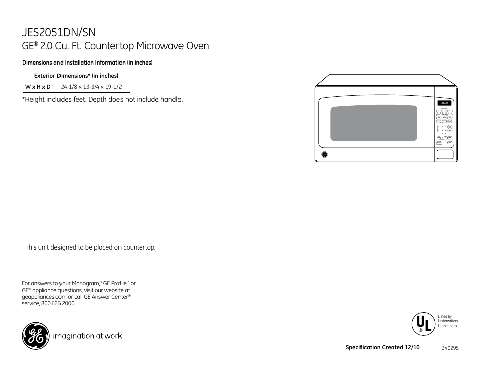 GE JES2051DNBB User Manual | 2 pages
