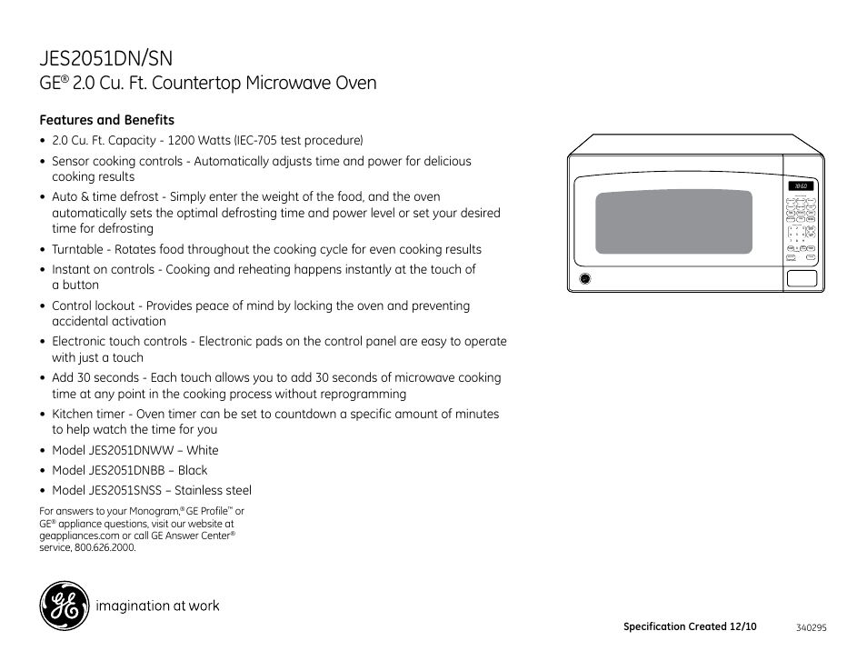 Jes2051dn/sn, 0 cu. ft. countertop microwave oven, Features and benefits | Sensor cooking, On/off, Express cook, Pause display scroll speed, Auto/time, Lear, Specification created 12/10 | GE JES2051DNBB User Manual | Page 2 / 2