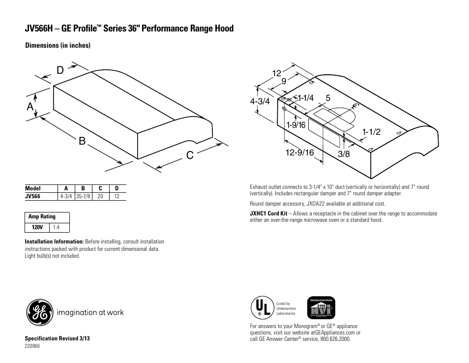 GE JV566HSS User Manual | 2 pages