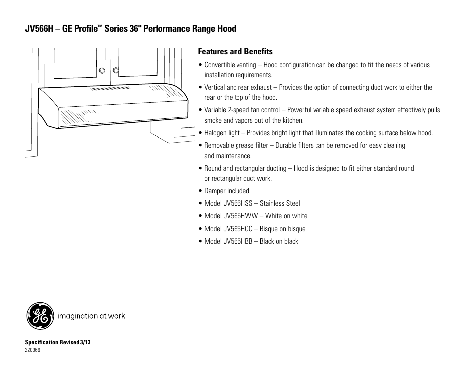 Jv566h – ge profile, Series 36" performance range hood | GE JV566HSS User Manual | Page 2 / 2