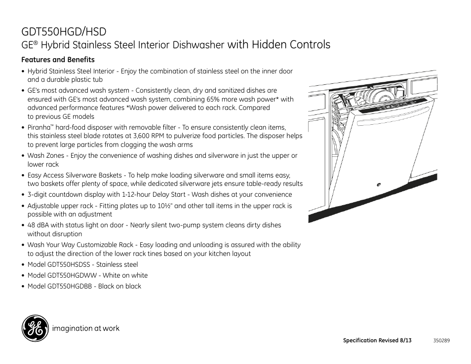 Gdt550hgd/hsd, With hidden controls, Hybrid stainless steel interior dishwasher | GE GDT550HGDBB User Manual | Page 2 / 2