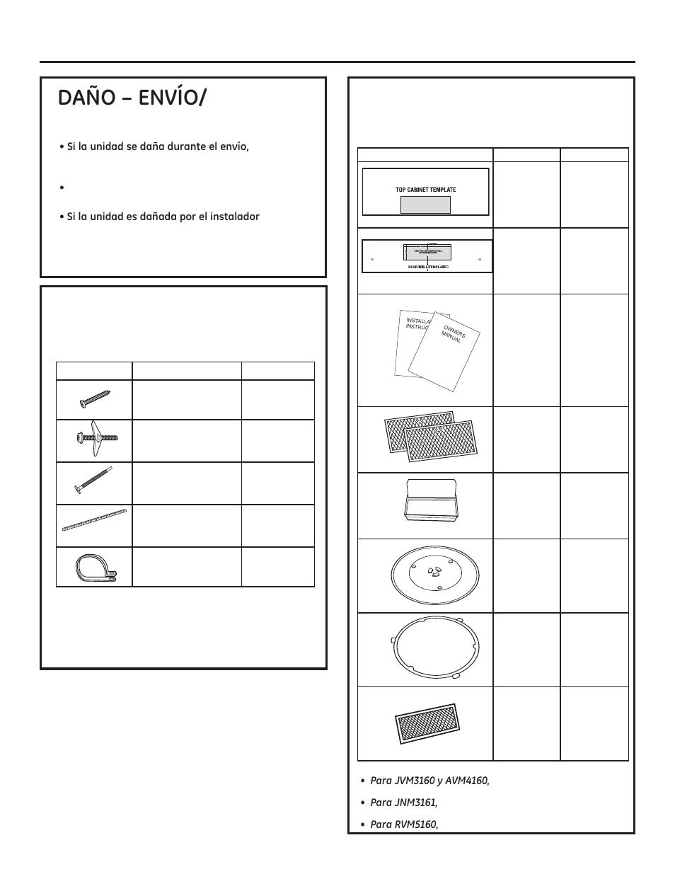 Instrucciones de instalación, F2²(19ë2 instalación partes incluidas, Partes incluidas | Piezas adicionales, Paquete de piezas | GE JVM3160DFWW User Manual | Page 33 / 52