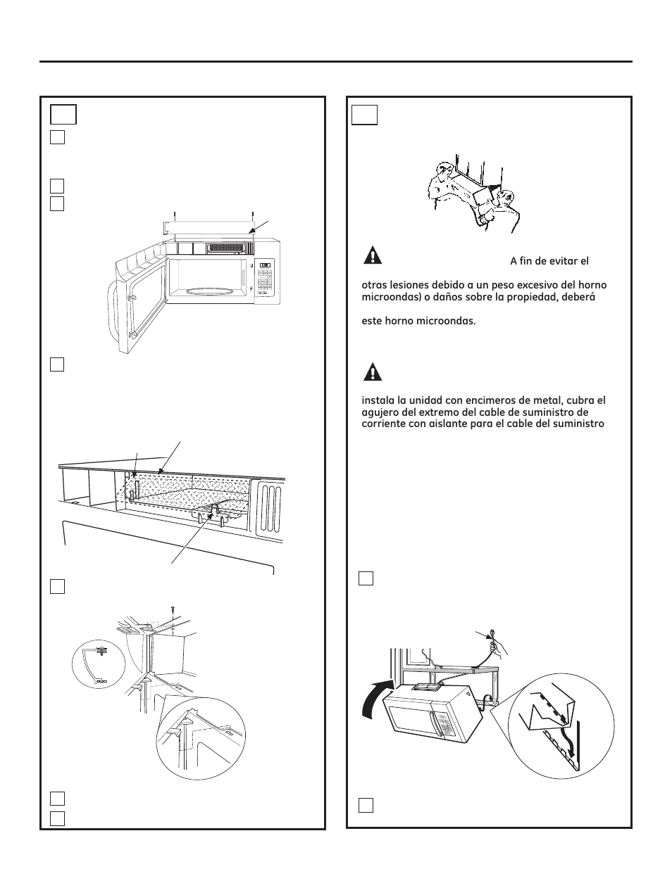 Instrucciones de instalación, Precaución, Advertencia | Monte el horno microondas, Cómo instalar el filtro de carbón a4 | GE JVM3160DFWW User Manual | Page 41 / 52