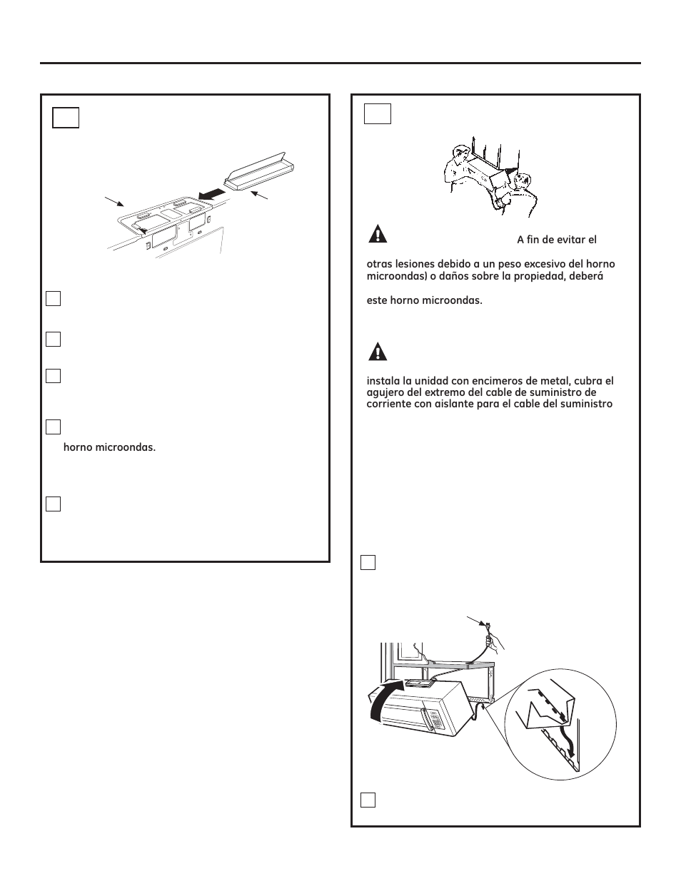 Instrucciones de instalación, Precaución, Advertencia | Monte el horno microondas b5, Ensamble e instale el adaptador b4 | GE JVM3160DFWW User Manual | Page 45 / 52