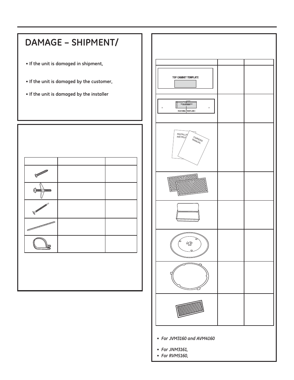 Installation instructions, Parts included, Additional parts | Hardware packet | GE JVM3160DFWW User Manual | Page 7 / 52