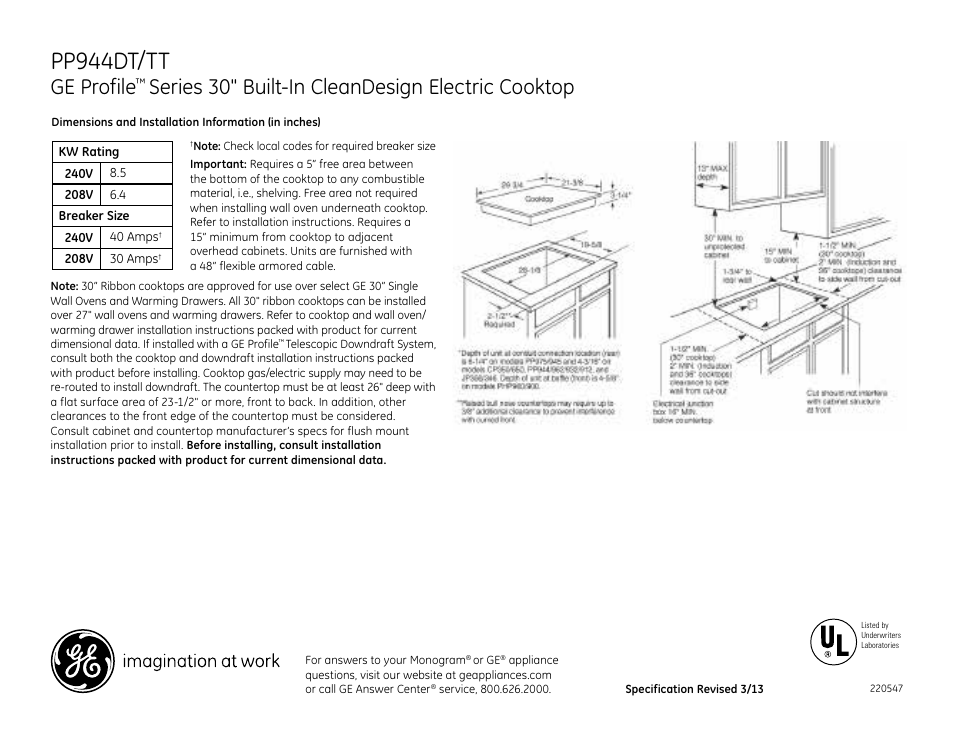 GE PP944TTWW User Manual | 2 pages