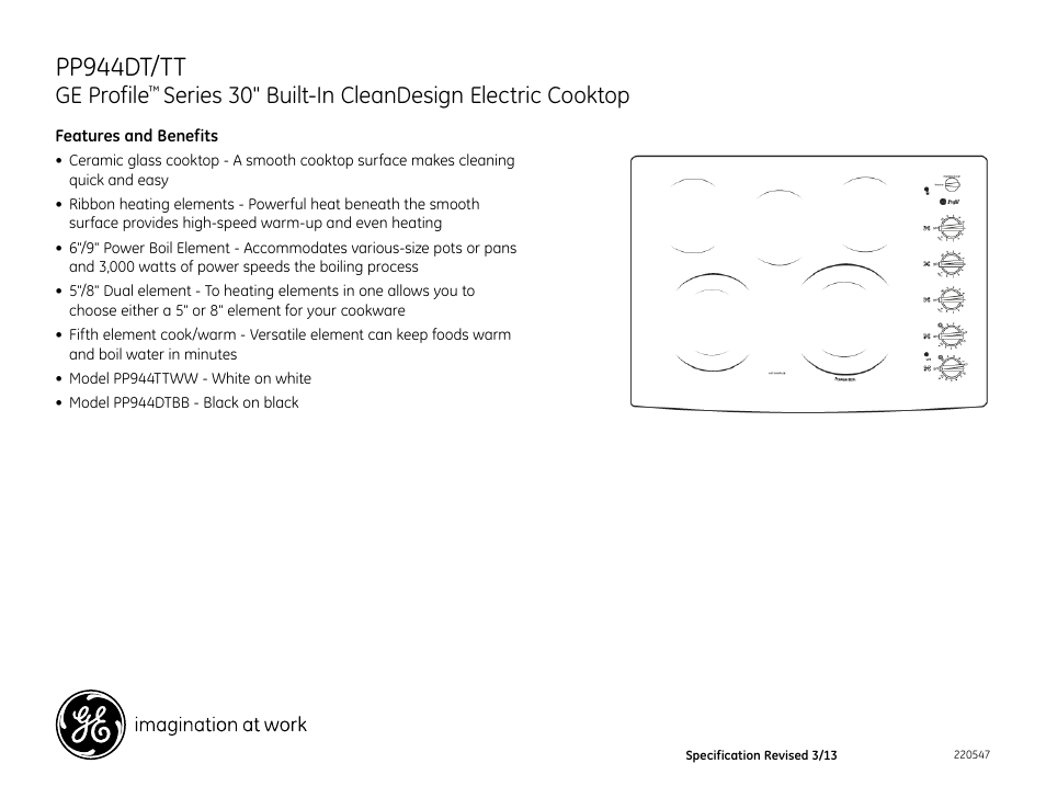 Pp944dt/tt, Ge profile, Series 30" built-in cleandesign electric cooktop | GE PP944TTWW User Manual | Page 2 / 2