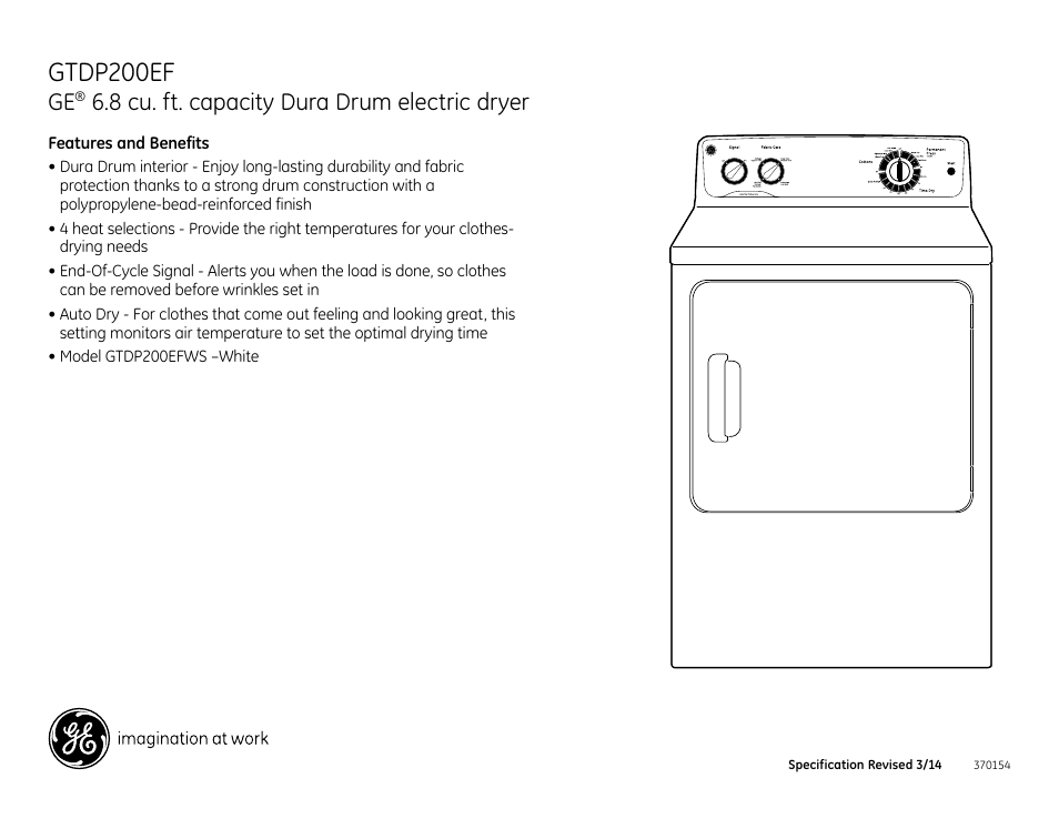 Gtdp200ef, 8 cu. ft. capacity dura drum electric dryer | GE GTDP200EFWS User Manual | Page 3 / 3