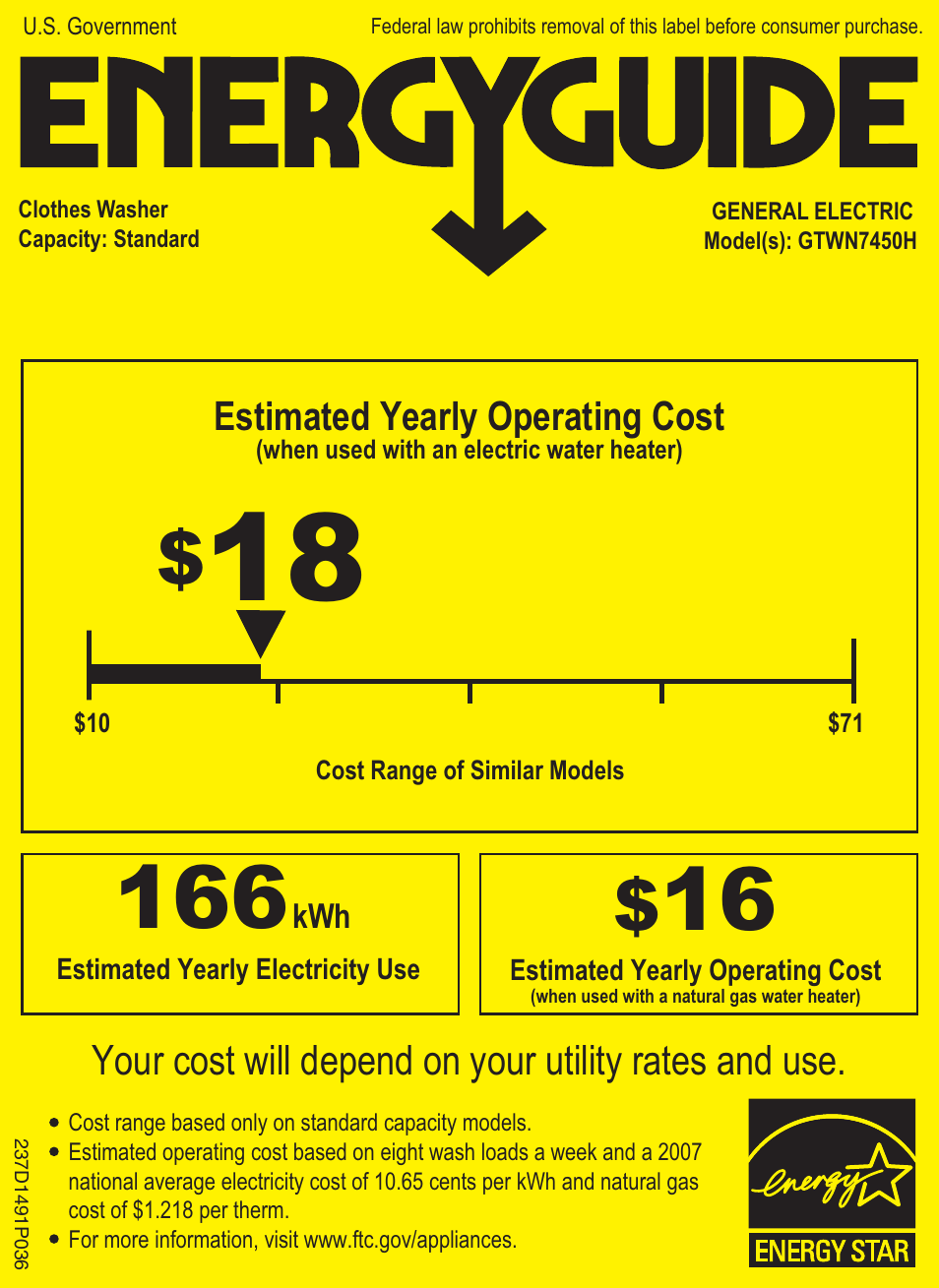 GE GTWN7450HWW User Manual | 1 page