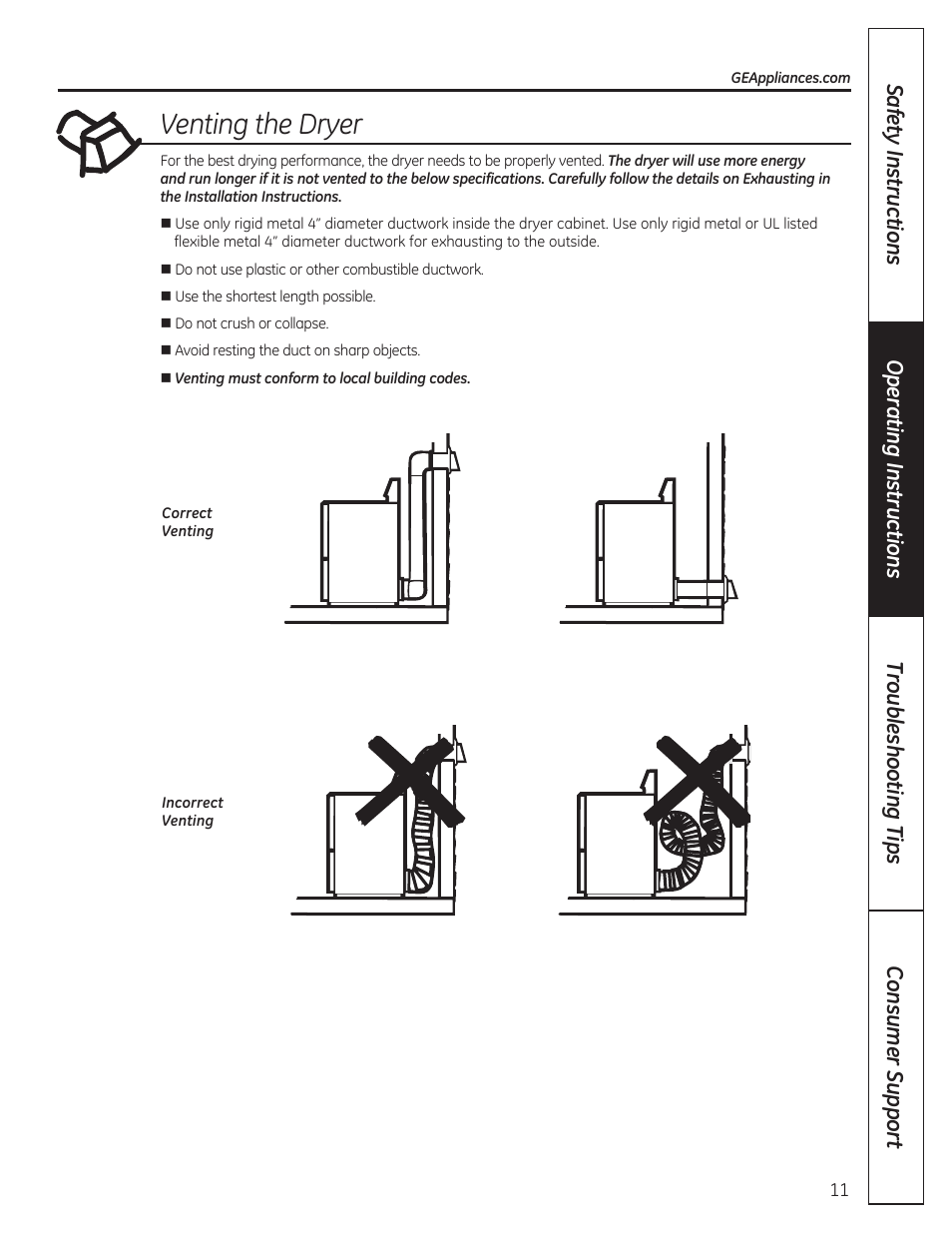 Venting the dryer | GE GTDP280GDWW User Manual | Page 11 / 32