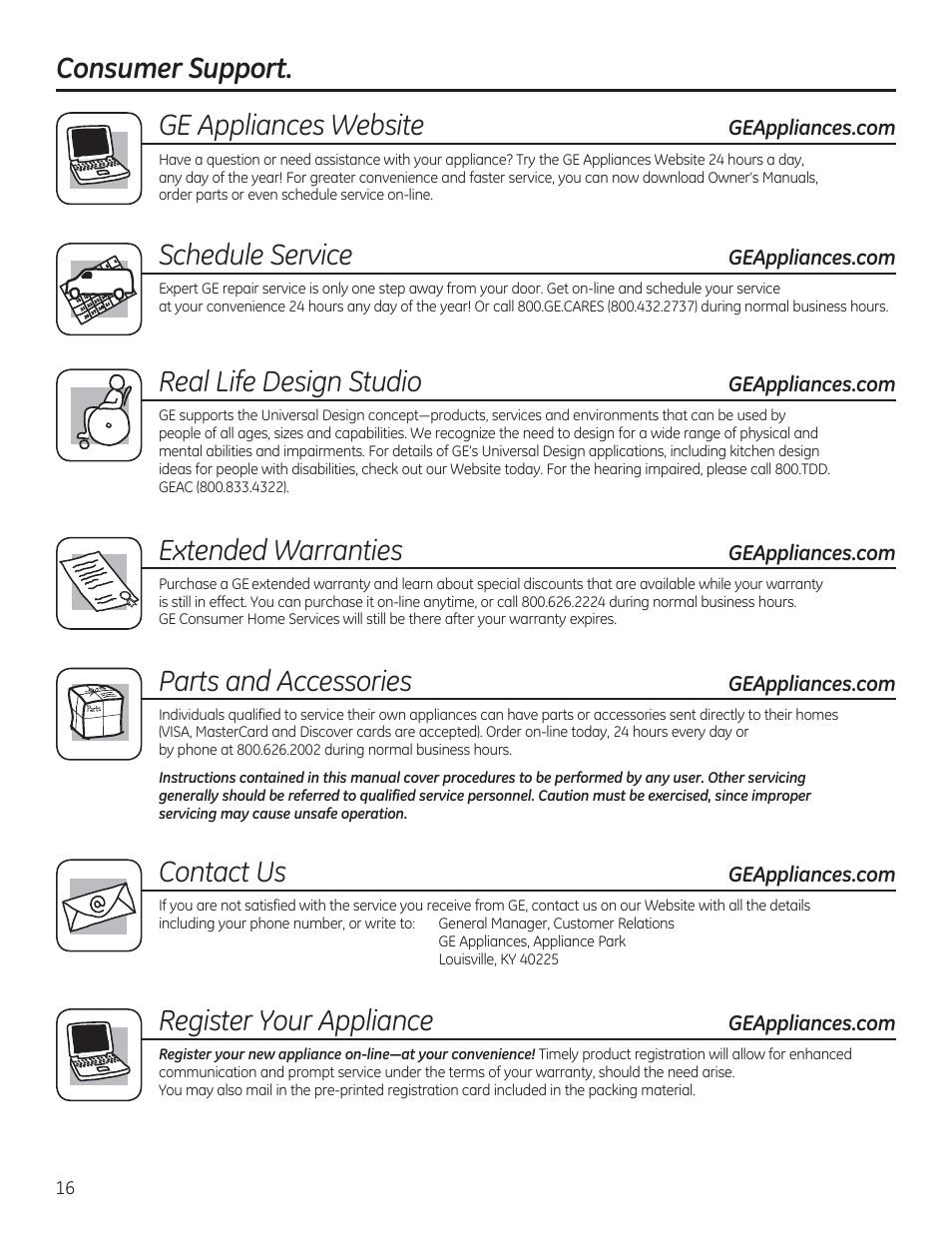 Ge appliances website, Schedule service, Real life design studio | Extended warranties, Parts and accessories, Contact us, Register your appliance, Consumer support | GE GTDP280GDWW User Manual | Page 16 / 32