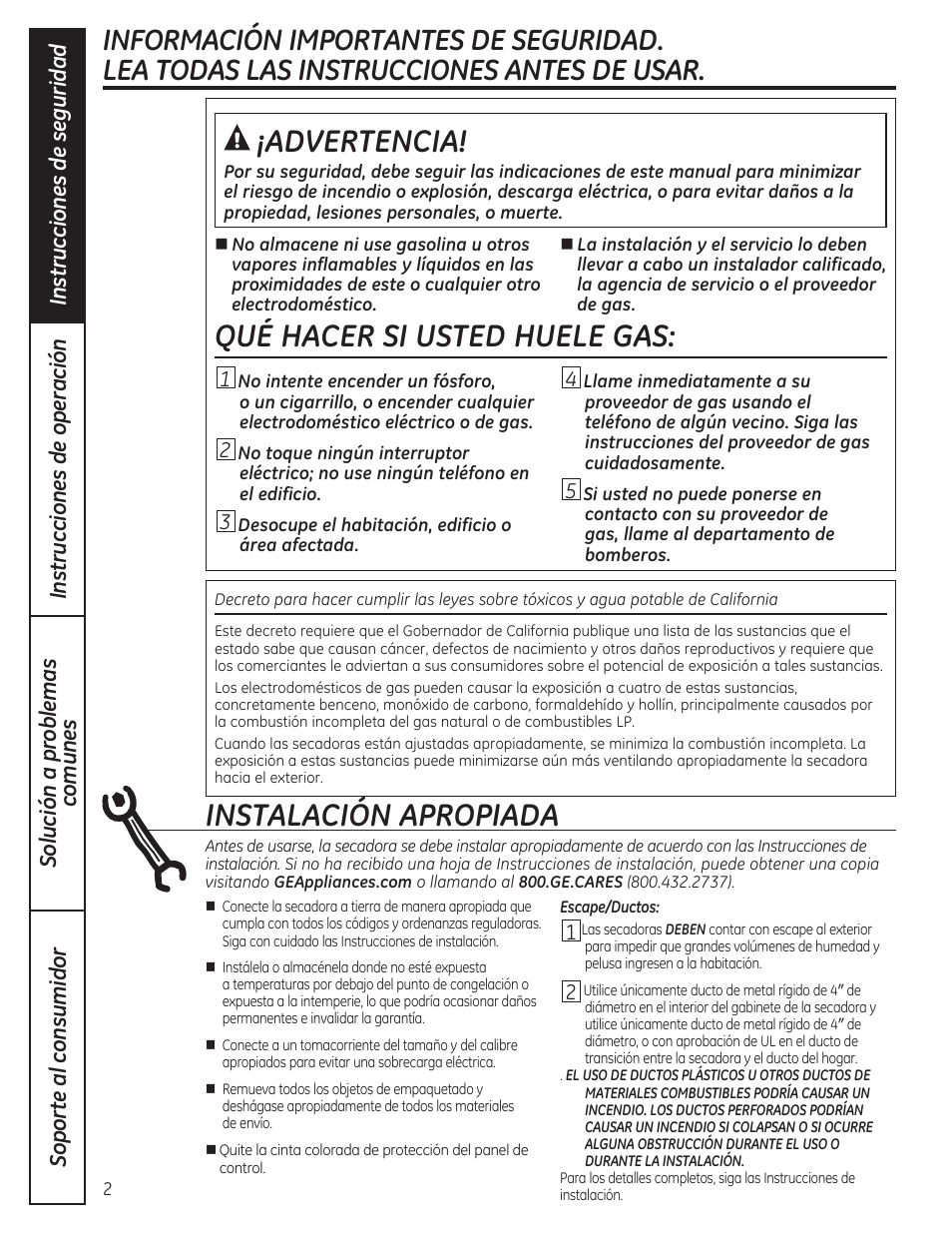 Advertencia, Qué hacer si usted huele gas, Instalación apropiada | GE GTDP280GDWW User Manual | Page 18 / 32