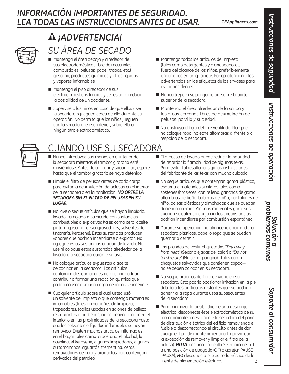 Advertencia! su área de secado, Cuando use su secadora | GE GTDP280GDWW User Manual | Page 19 / 32