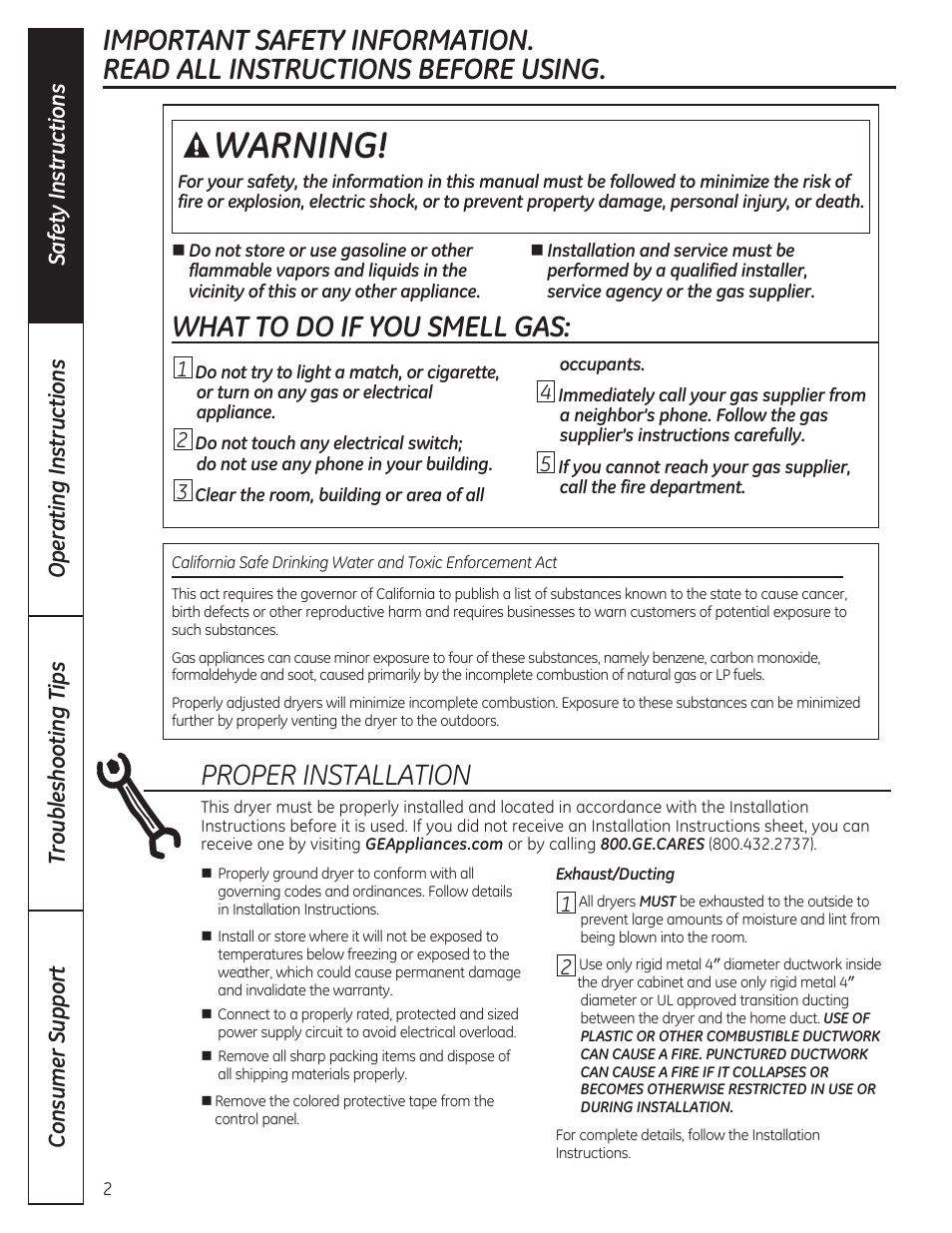 Warning, What to do if you smell gas, Proper installation | Consumer support | GE GTDP280GDWW User Manual | Page 2 / 32