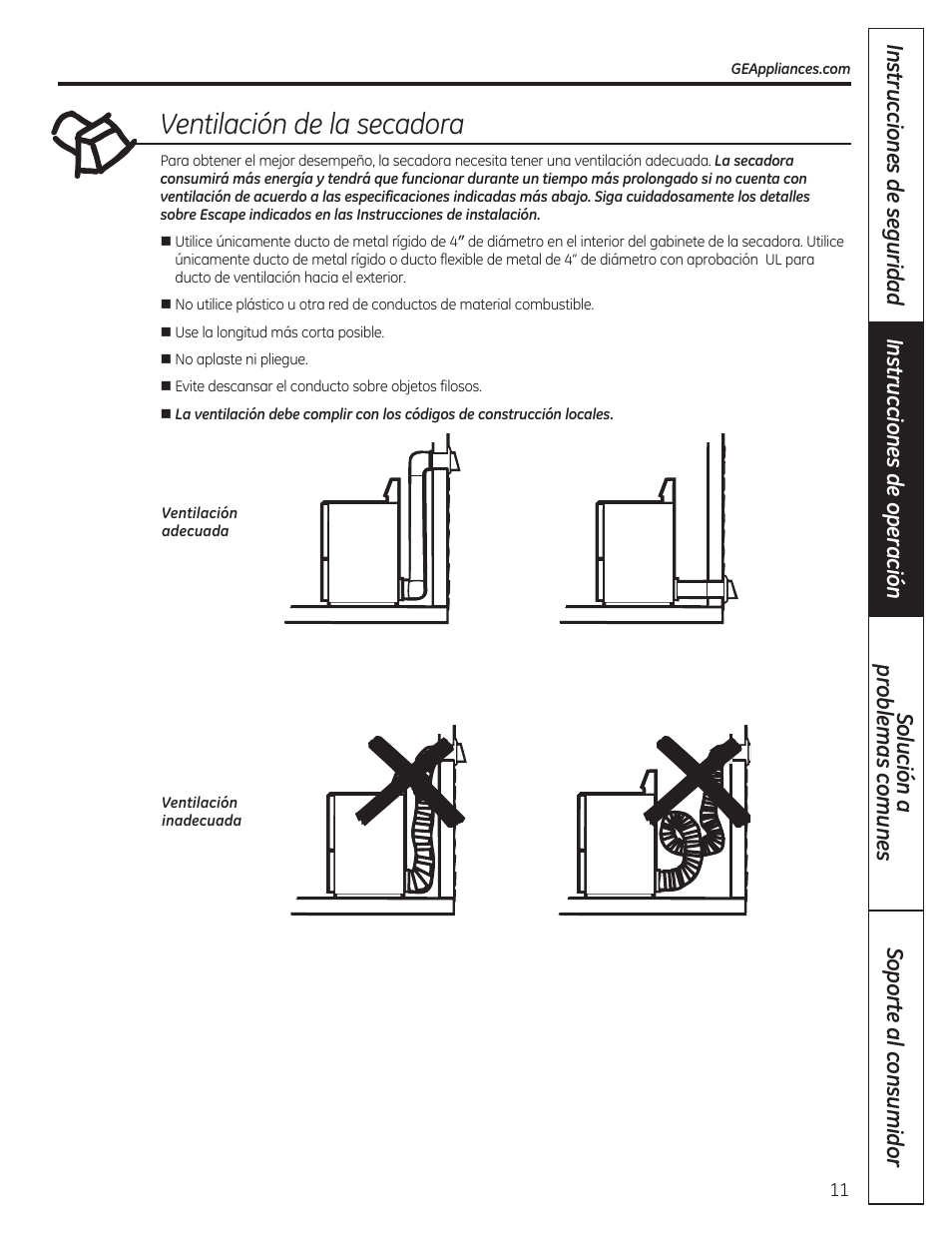 Ventilación de la secadora | GE GTDP280GDWW User Manual | Page 27 / 32