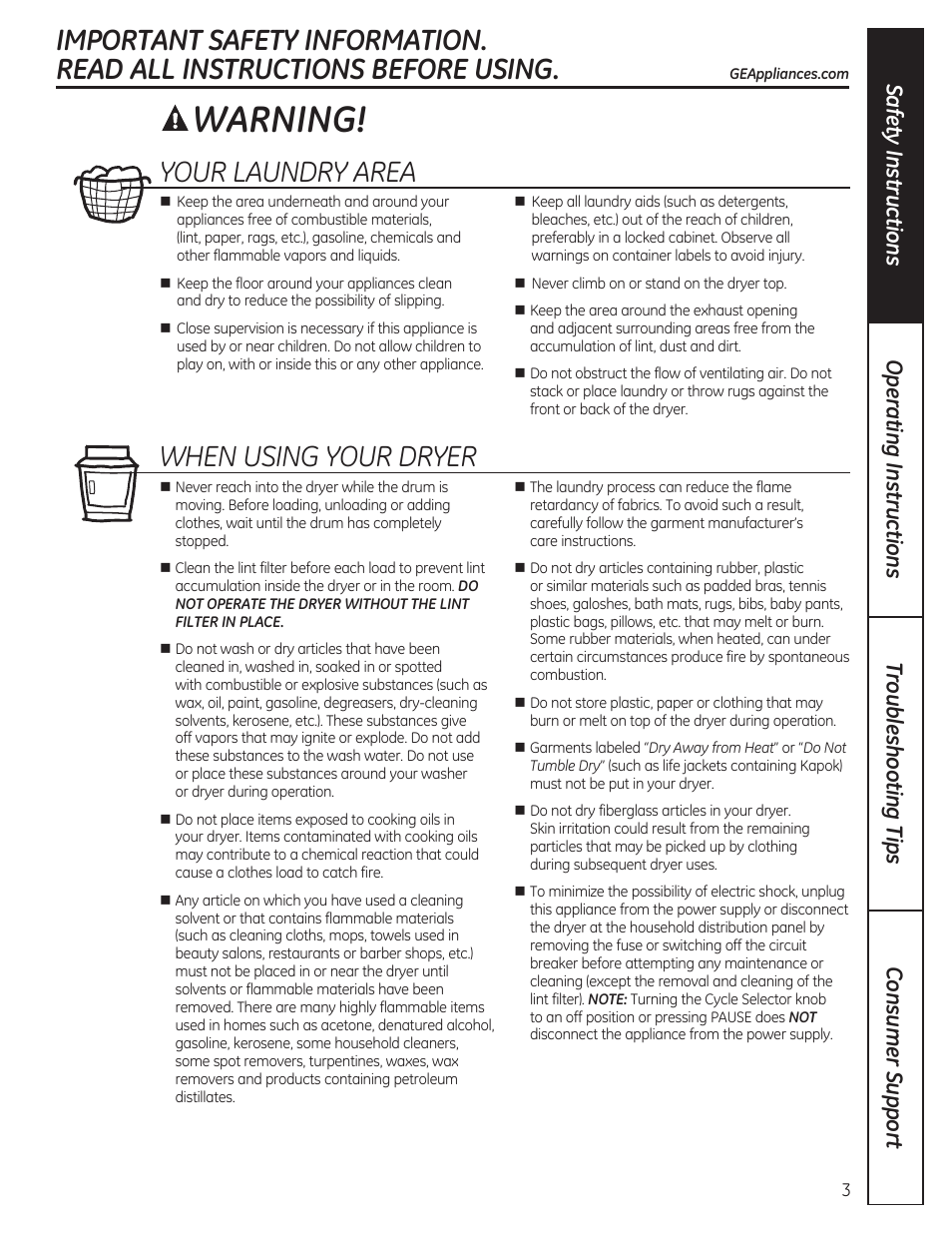 Warning, Your laundry area, When using your dryer | Safety instructions | GE GTDP280GDWW User Manual | Page 3 / 32
