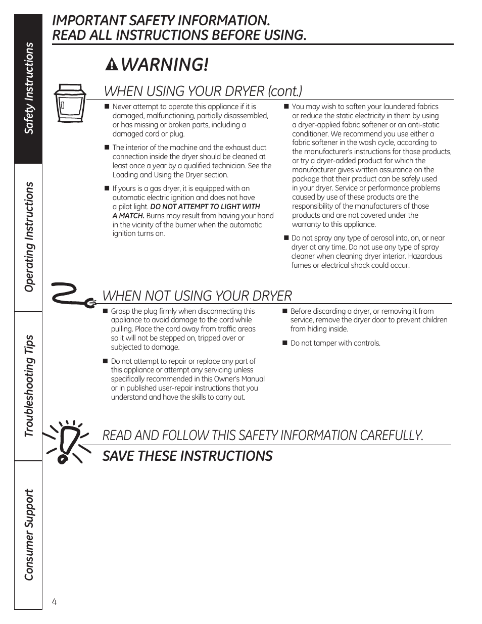 Warning, When not using your dryer, When using your dryer (cont.) | GE GTDP280GDWW User Manual | Page 4 / 32