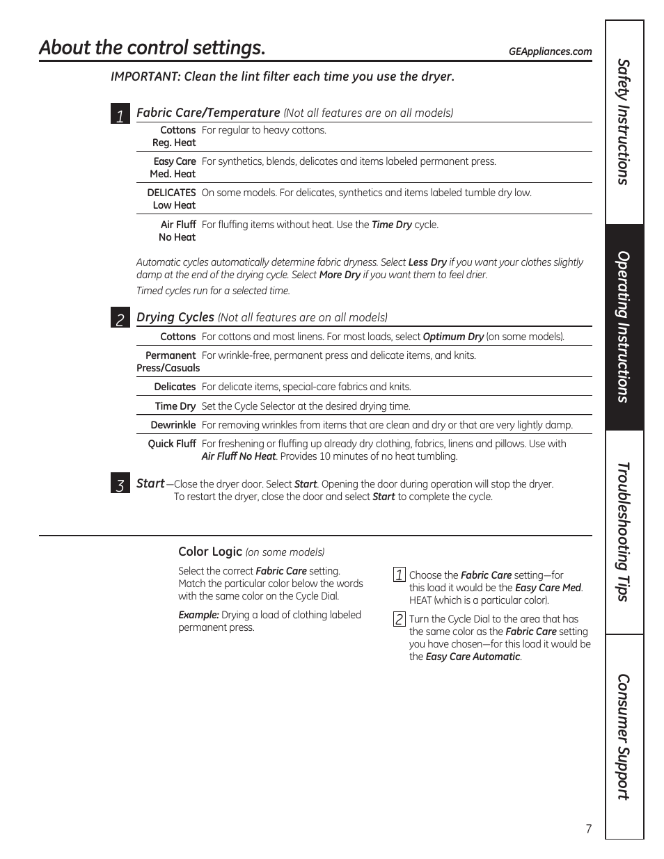 About the control settings | GE GTDP280GDWW User Manual | Page 7 / 32